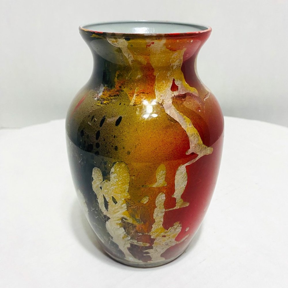 Beautiful Firestorm Murano-Style Art Glass Vase - 7 Tall Decorative Multicolor.